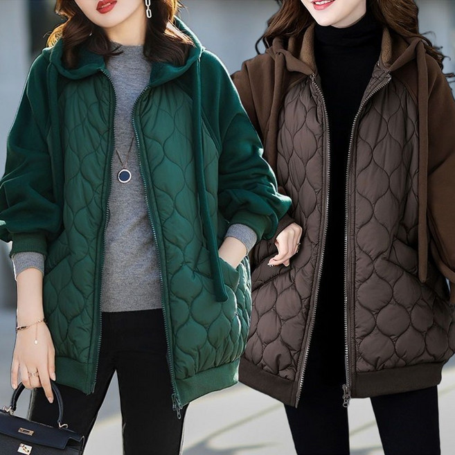 겨울 웰론패딩 오버핏 아가일 경량 후드패딩 맨투맨 패치 롱패딩 여성패딩 아우터 50대60대