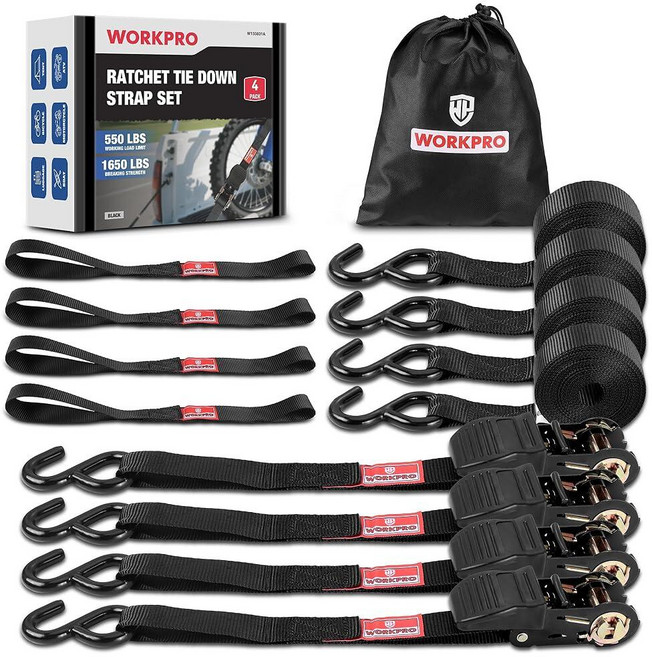 WORKPRO 래칫 스트랩 4팩 2.5cm(1인치) x 4.5m(15피트) 748.4kg(1500파운드) 브레이크 강도 튼튼한 타이 다운 소프트 루프 4개 이동하는 가전, 15FT 1650lbs Soft Loop