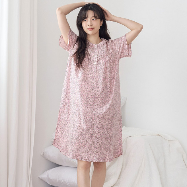 메이플라워 핑크잔꽃 반팔 순면 여성 빅사이즈 잠옷 홈웨어 원피스 잠옷