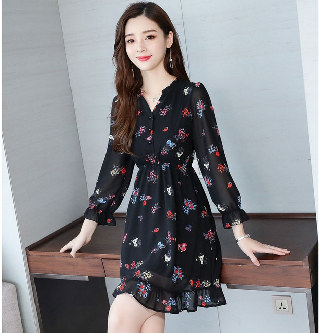 러브베리 캐주얼 브이넥 슬림핏 꽃무늬 쉬폰 원피스 JL0072A