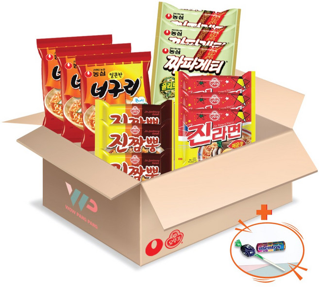 농심 오뚜기 봉지라면 혼합세트 4종 12봉입 너구리 3개입+짜파게티 3개입+진짬뽕 3개입+진라면 매운맛 3개입 총12봉입 멘토스+투시팝캔디 사은품 2종 증정, 1개