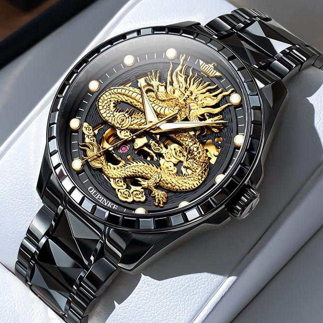 OUPINKE 남성 시계 정품 기계식 오토매틱 럭셔리 명품 야광 워터프루프 메탈 드래곤 패턴 남자손목시계