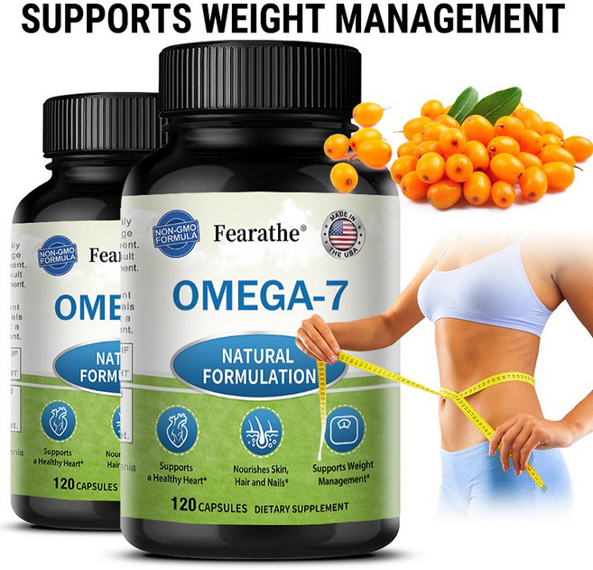 오메가7 지방산 보충제 - 900mg/분 - 천연 바다 갈매 나무속 오일 - 피부 면역 체계 심혈관계 및 소화기 건강 지원, 1개, 60회분