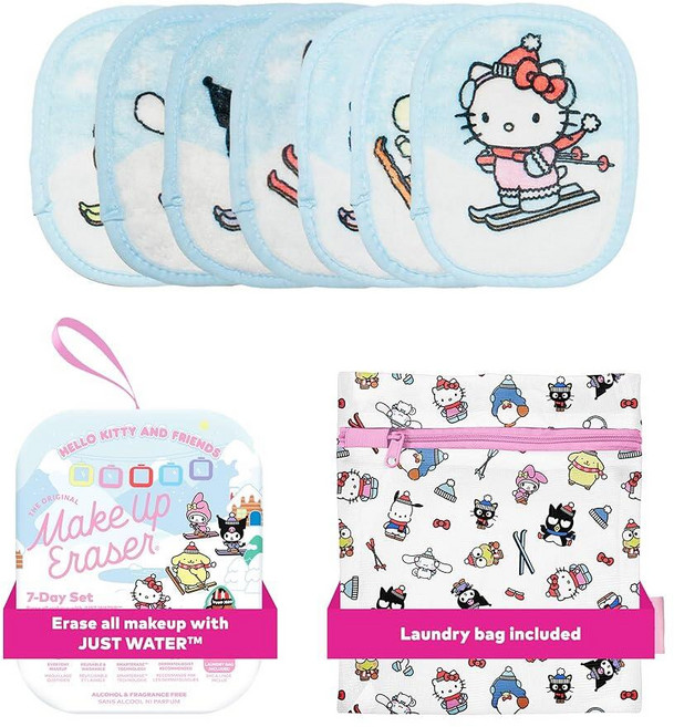 오리지널 MakeUp Eraser 7일 세트 방수 마스카라 아이라이너 파운데이션 립스틱 자외선 차단제 등을 포함한 물만으로 모든 메이크업을 지울 수 있습니다 헬로 키티와 친구들, 헬로 키티 스키