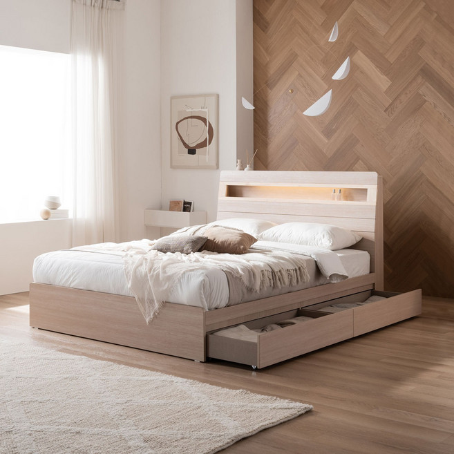 베드리움 슬립프렌드 LED 편백 서랍형 침대, 아이보리, 퀸(Q), 듀얼 써포트 유로탑 매트리스(M.H)