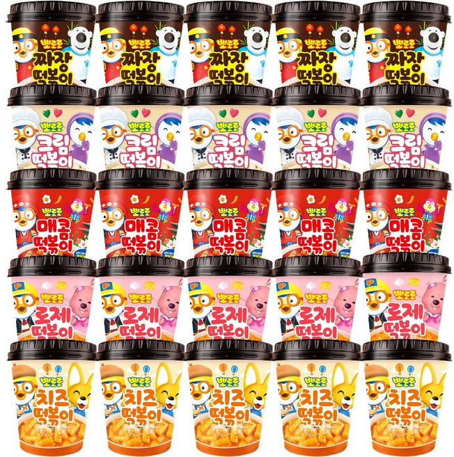 뽀로로 컵 떡볶이 치즈110g 5개+짜장110g 5개+크림115g 5개+매콤120g 5개+로제115g 5개 (총25개) 어린이캠핑여행식품즉석간편, 110g, 25개