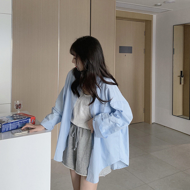 韓版糖果色長袖襯衫 女 寬鬆素面襯衫