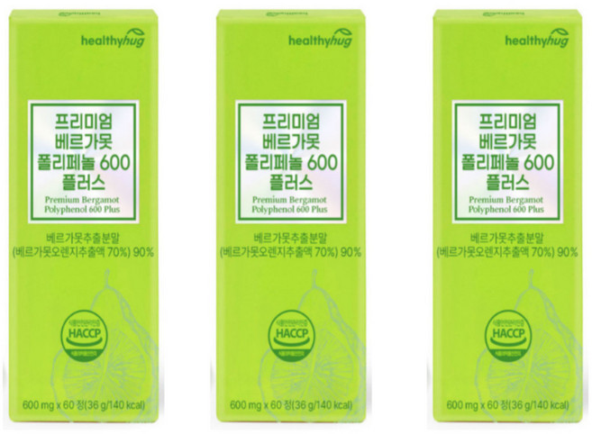 헬씨허그 프리미엄 베르가못 폴리페놀 600 플러스 건강식품, 3개, 60정