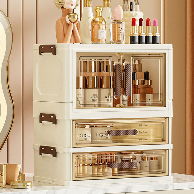 프리미엄 화장품 정리함 서랍형 디자인 화장대 대용량 투명 메이크업 수납박스, 1도어 2서랍, 1개