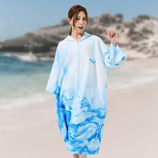 서핑 판초타월 비치타올 비치가운 성인 극세사 후드타올, 블루화이트, 1개