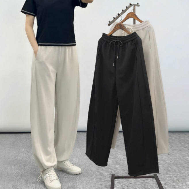 사라7351 찰랑 탄탄 스판 여성 와이드 밴딩 슬랙스 커브 절개라인 투웨이 조거 팬츠