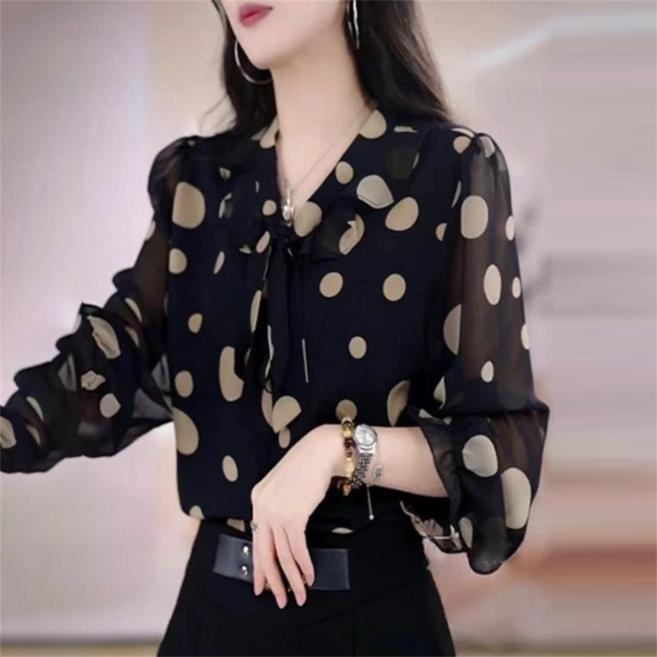 TKX 여성용 도트 패턴 블라우스 봄가을 긴소매 셔츠 레귤러핏 면접 루즈핏
