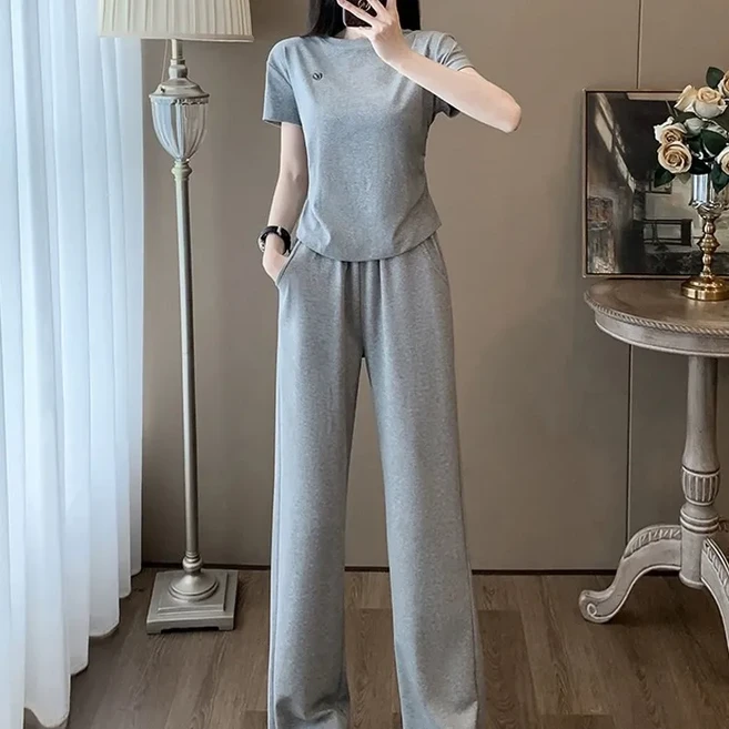 Makone 여성 캐주얼 트레닝복 상하의 세트 심플 솔리드 반팔 티 슬랙스 바지 투피스 루즈핏 캐주얼