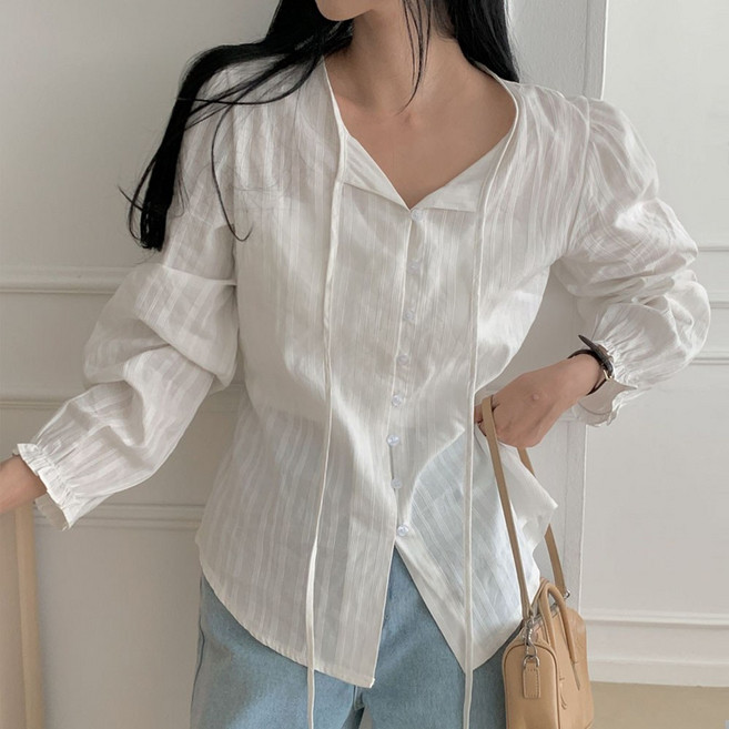 보리 자가드 리본 끈 단추 임산부 블라우스 VA052
