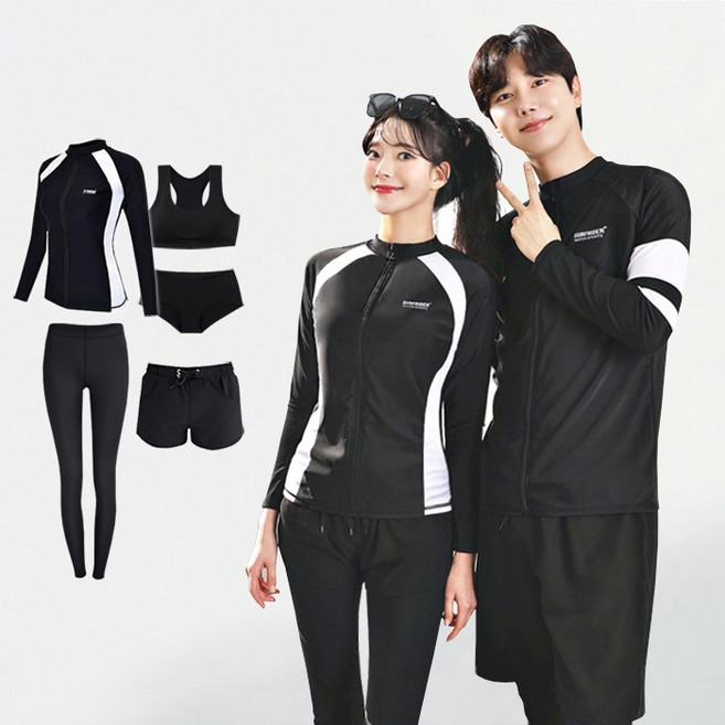 서프라이더 남녀 라인배색 집업래쉬가드 상의+하의+이너+레깅스 풀세트 빅사이즈