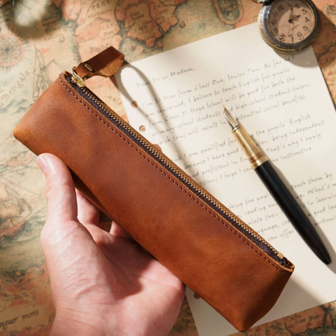 올리트리 레트로 가죽 펜슬케이스, 1개, 내츄럴브라운