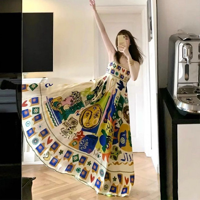 여름 프린트 원피스 귀어운 세련된 고급형 연예인 롱 특이한 바강스 해외여행이지룩