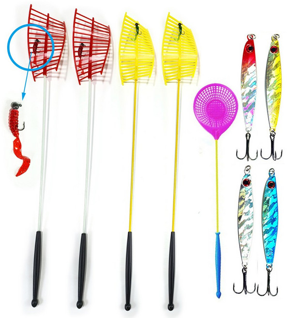 N송어채비 4인세트 송어낚시세트(견지대+지그헤드+웜) 4개+얼음뜰채 1개+제스트메탈 4개