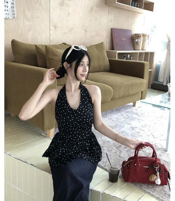 韓系波點掛脖無袖上衣