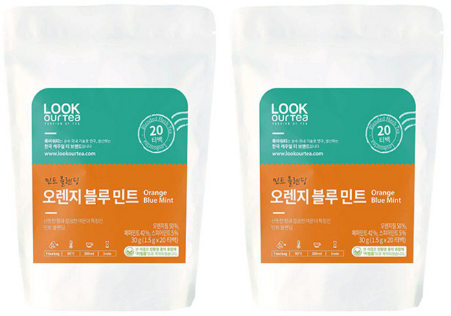 (2개)룩아워티 오렌지 블루 민트 20티백 허브 블렌딩, 2개, 20개입, 1.5g