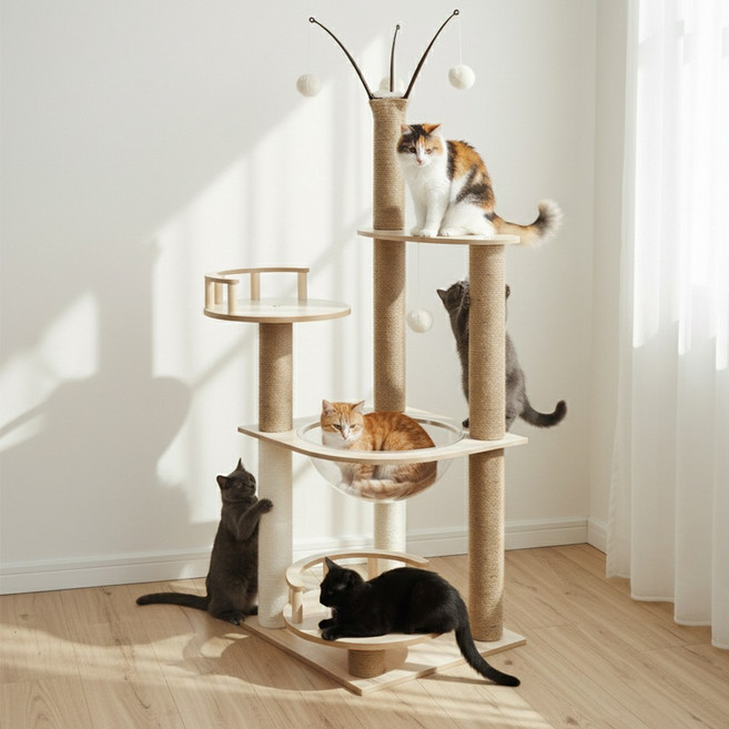 하루꿈 대형 캣타워 다묘 가정 고양이 놀이터 해먹 포함 복층 안전한 숨숨집 캣타워, 1개, M1