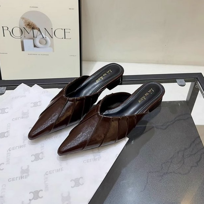 봄 여름 여성 가죽 슬리퍼 프렌치 통굽 스틸레토 뮬 슬링백 슈즈 발편한 여자 블로퍼 슬리퍼 LT