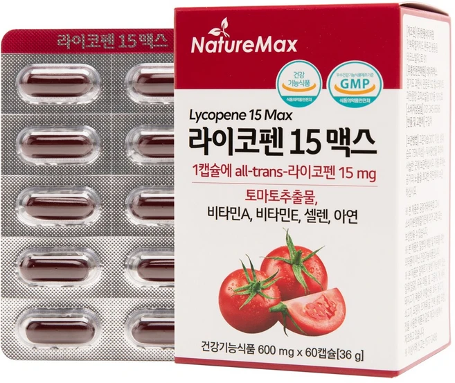 네이처맥스 토마토 라이코펜 15 맥스 (1일 섭취량 최대치 15mg) 리코펜 식물성캡슐 엑스트라버진 올리브유 1캡슐에 267mg 함유 Lycopene, 1개, 60정 - 쿠팡