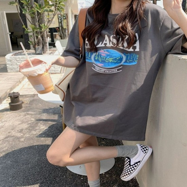루즈핏 여자 라운드넥 반팔 프린팅 20대 티셔츠 여성티셔츠 여성반팔 U넥티셔츠