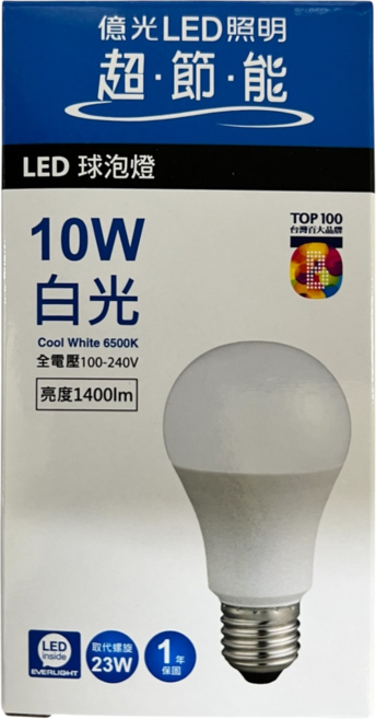LED 10W電球/865 1400LM超高效-億光, 白光, 1個