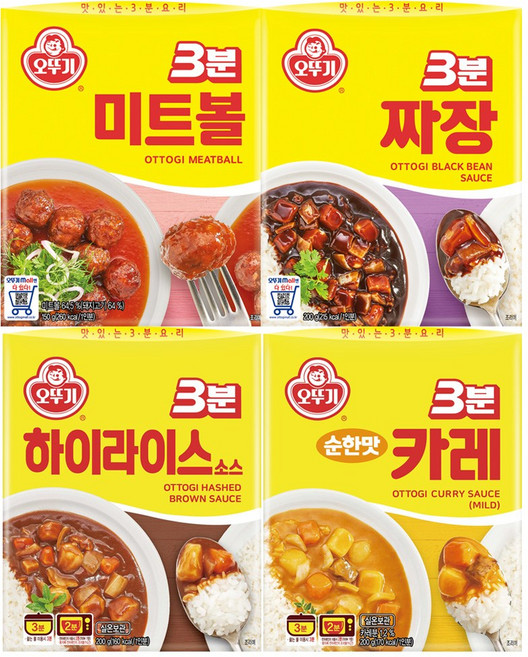 오뚜기 3분 소스 4종 3개씩(카레순한맛+하이라이스+짜장+미트볼), 12개, 200g