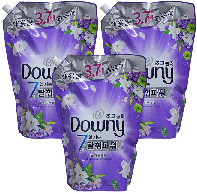 다우니 초고농축 7일지속 탈취파워 섬유유연제 화이트티와 릴리 리필, 2.6L, 1개입, 3개