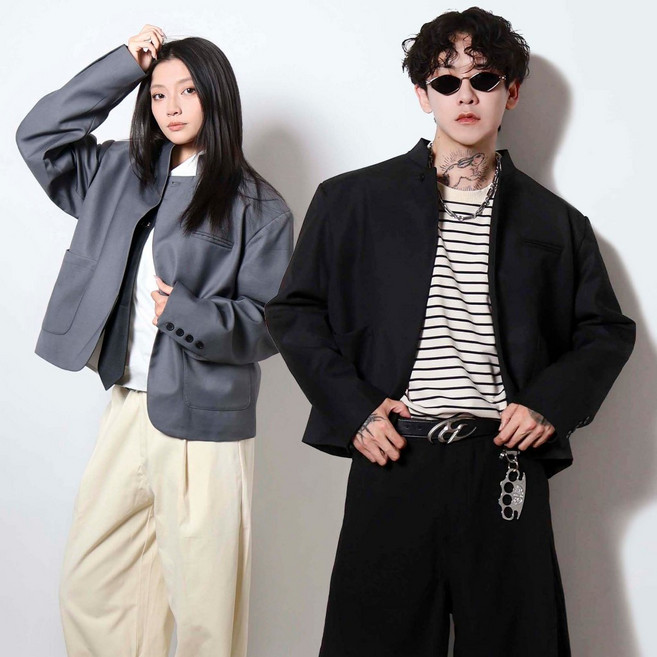 BoxyFit 日式制服Mix 短版墊肩單扣外套