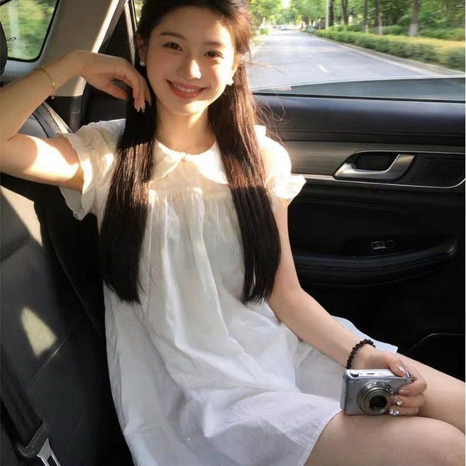 連衣裙 娃娃領連衣裙 韓系溫柔風白色女夏小個子寬鬆顯瘦初戀減齡甜美短裙, 娃娃領裙子,S 建議42.5-50.0公斤, 白色