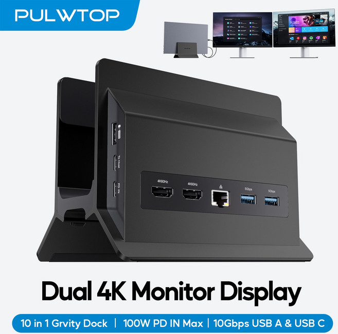 PULWTOP USB-C 도킹 스테이션 타입-C 노트북용 듀얼 모니터 HDMI 4K60Hz USB-A/C 10Gbps 이더넷 USB-A 2.0 PD-블랙, [01] 옵션1