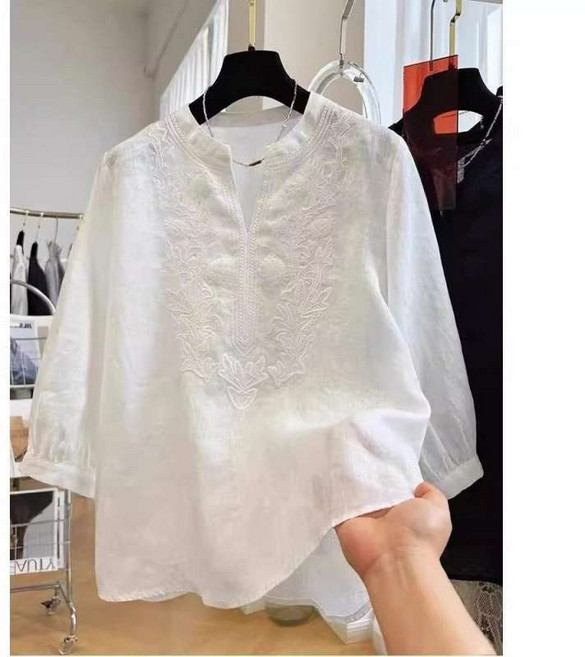 DFMEI 高級感棉麻重工刺繡七分袖襯衫女夏季薄款氣質小衫超好看上衣