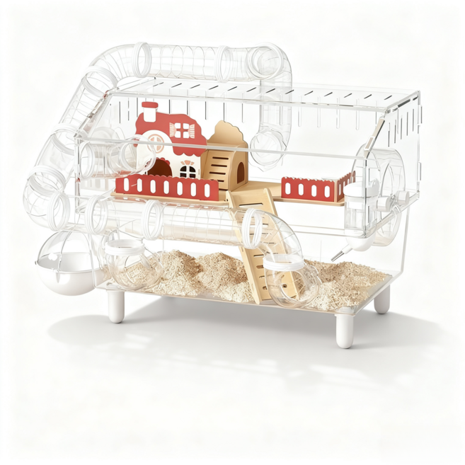 YAPOGI 2층 전신 원목 꾸미기 풀세트 쳇바퀴 햄스터 케이지, 1개, 투명