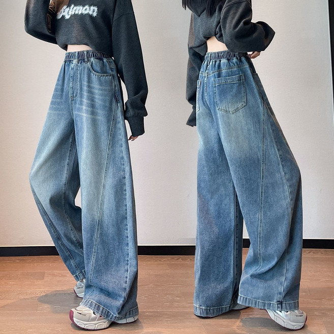 牛仔長褲 闊腿寬鬆高腰直筒顯瘦女裝