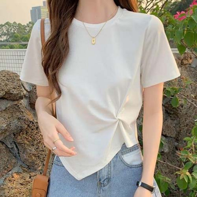 여성 베이직 라운드넥 언발 꼬임 셔링 반팔 티 W655