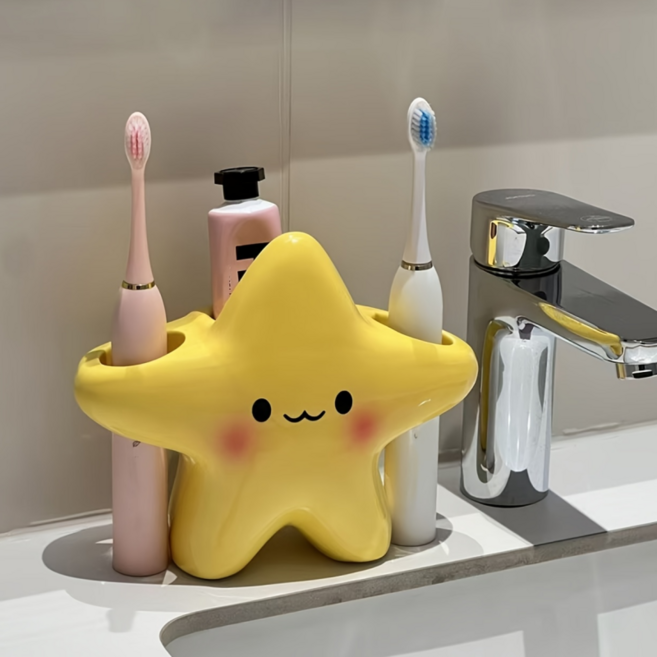 한봄누리 귀여운 별 모양 캐릭터 칫솔 치약 꽂이 세라믹 치약 정리대, 옐로우, 1개