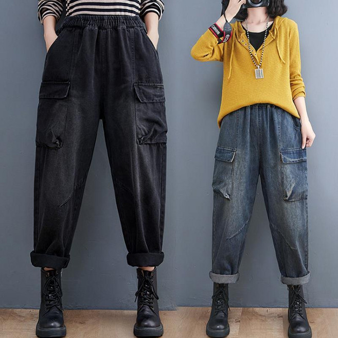 JUSTFEELING 빅사이즈 데님팬츠 허리밴딩 투포켓 와이드 캐주얼 배기핏 팬츠 청바지 데일리룩 데님 슬랙스 바지 봄가을