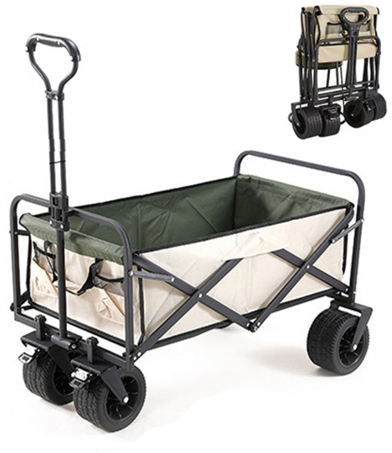 900D 특대형 투톤 폴딩 캠핑 웨건 카트, 1개, 10인치 베이지그린