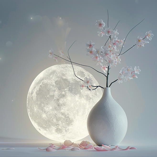 풍수지리 액자 달항아리 달 매화 캔버스액자 20cm x 20cm, 고요한 달빛