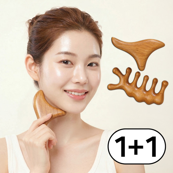 나우드 나무 괄사 마사지기 두피 얼굴 바디, 브라운, 1세트