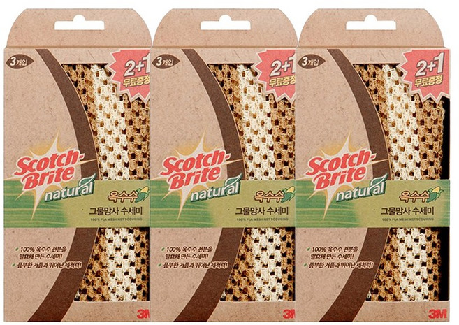3M 내츄럴 옥수수 그물망사 수세미, 3세트, 3개