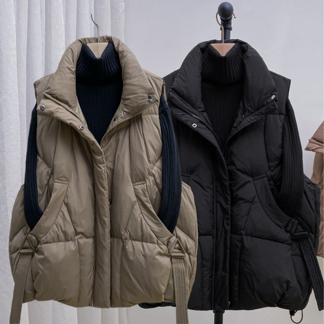 uniquezon 중년여성 겨울 경량 패딩 조끼 베스트 오버핏 포켓 민소매 아우터 빅사이즈 엄마옷