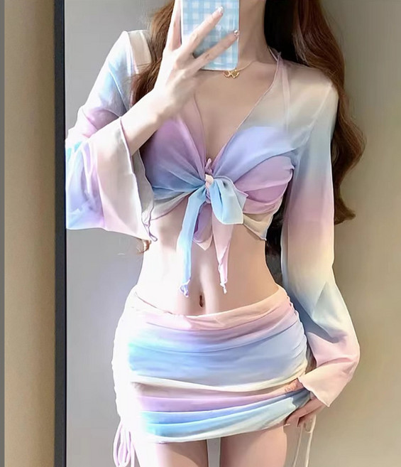 DFMEI 比基尼泳衣女新款四件套高級感性感純欲分體顯瘦度假溫泉泳裝, L