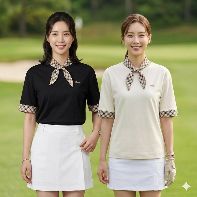 닥스골프 여자 여름 골프웨어 리본체크 스판 라운드넥 골프 반팔티셔츠