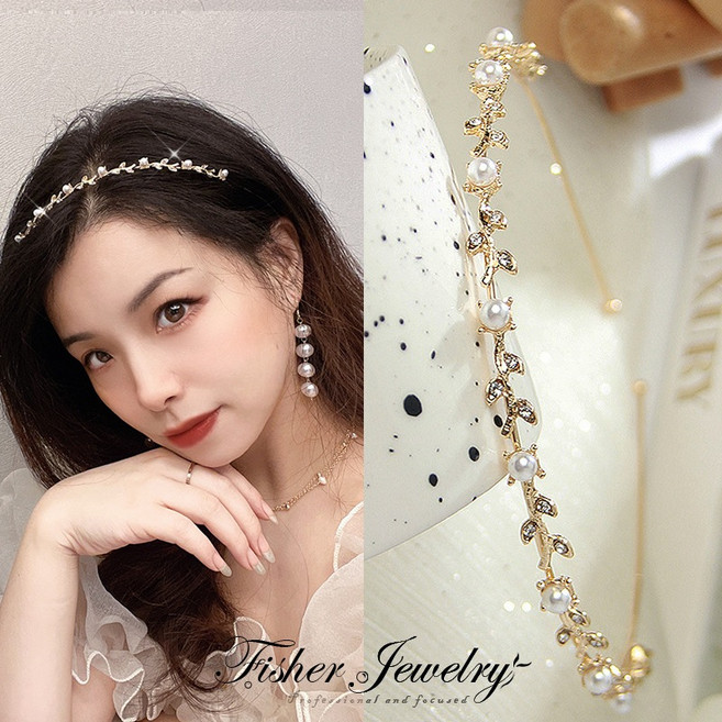 Fisher Jewelry 氣質金邊髮箍 水鑽珍珠髮飾, 1個, 珍珠樹枝金色-1個