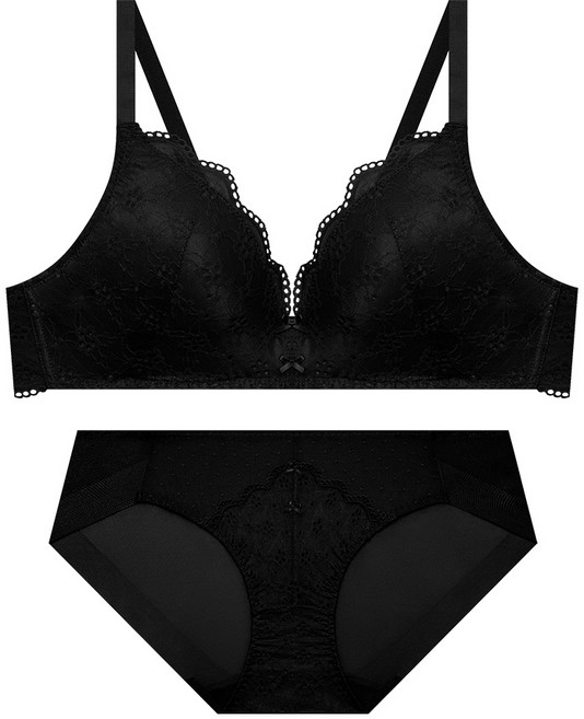 엘르이너웨어 플로럴 아일렛 볼륨 레이스 브라 팬티 세트 - 블랙