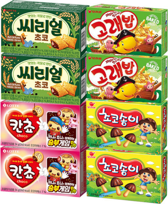 오리온 초코송이 50gx2개+고래밥 46gx2개+롯데 칸쵸 54gx2개+씨리얼 42gx2개(총8개), 1개, 50g